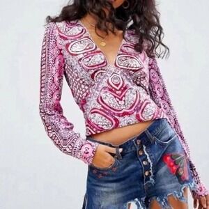 Free People Wild and Free Paisley Crop Top Pink Purple L Bohemian Festival